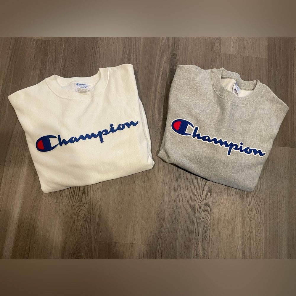 Men’s Champion ‘Reverse Weave’ Crewnecks - White and Gray - Size M